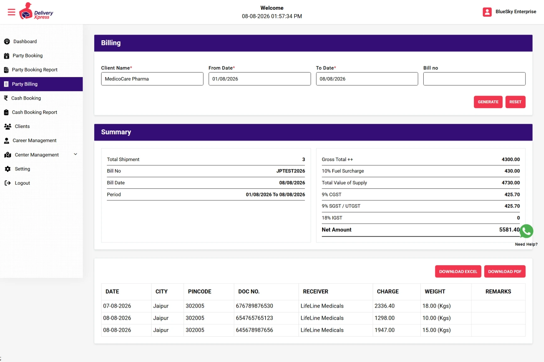Booking Reports & Client Billing – DeliveryXpress automated reports, invoices and consolidated billing for Party and Case bookings