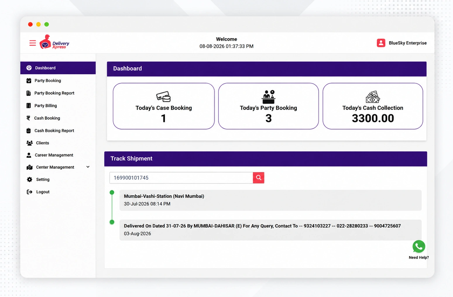Courier Dashboard & Shipment Tracking – DeliveryXpress centralized overview of daily bookings, cash collection and real-time shipment tracking