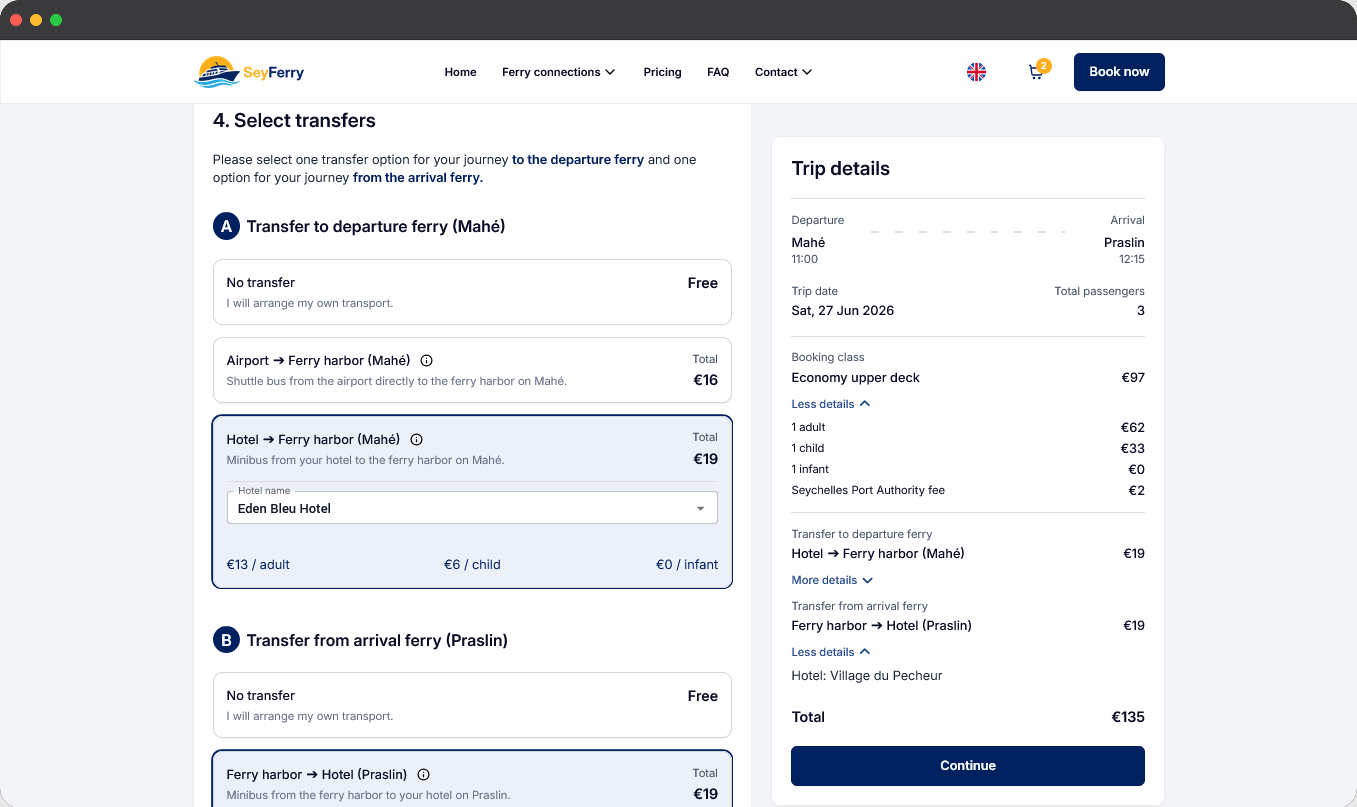 Online ferry ticket booking and transfer reservation system for Seychelles travel