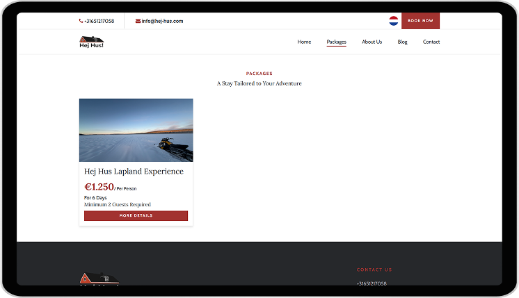Holiday package booking page for Lapland accommodation website