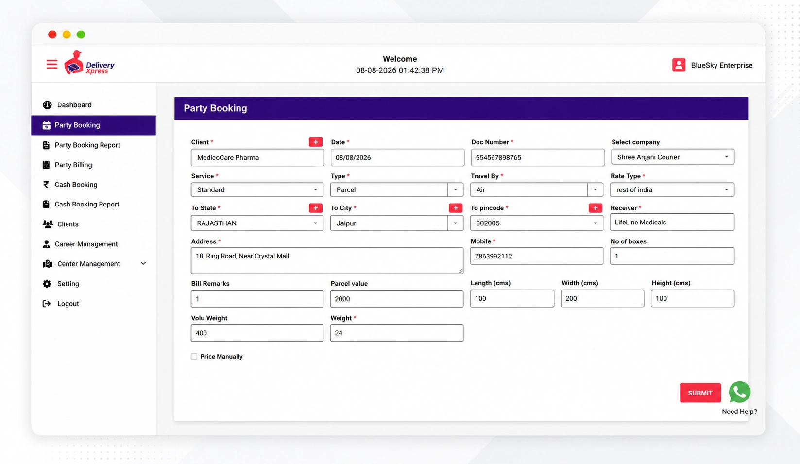 Party Booking & Client Rate Card Management – DeliveryXpress module for managing business clients and automated shipping rate calculation