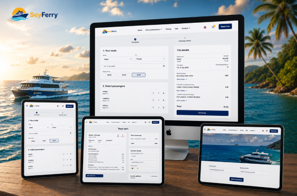 Online ticket booking platform developed by CumulativeApps for ferry, shuttle, and taxi reservations in the Seychelles